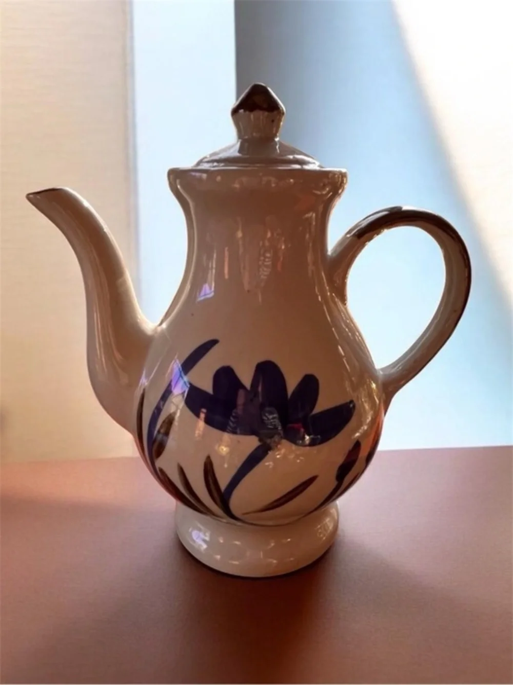 Vintage Pottery Coffee Pot Folk Art Blue Flower Tea Pot Chocolate Pot
